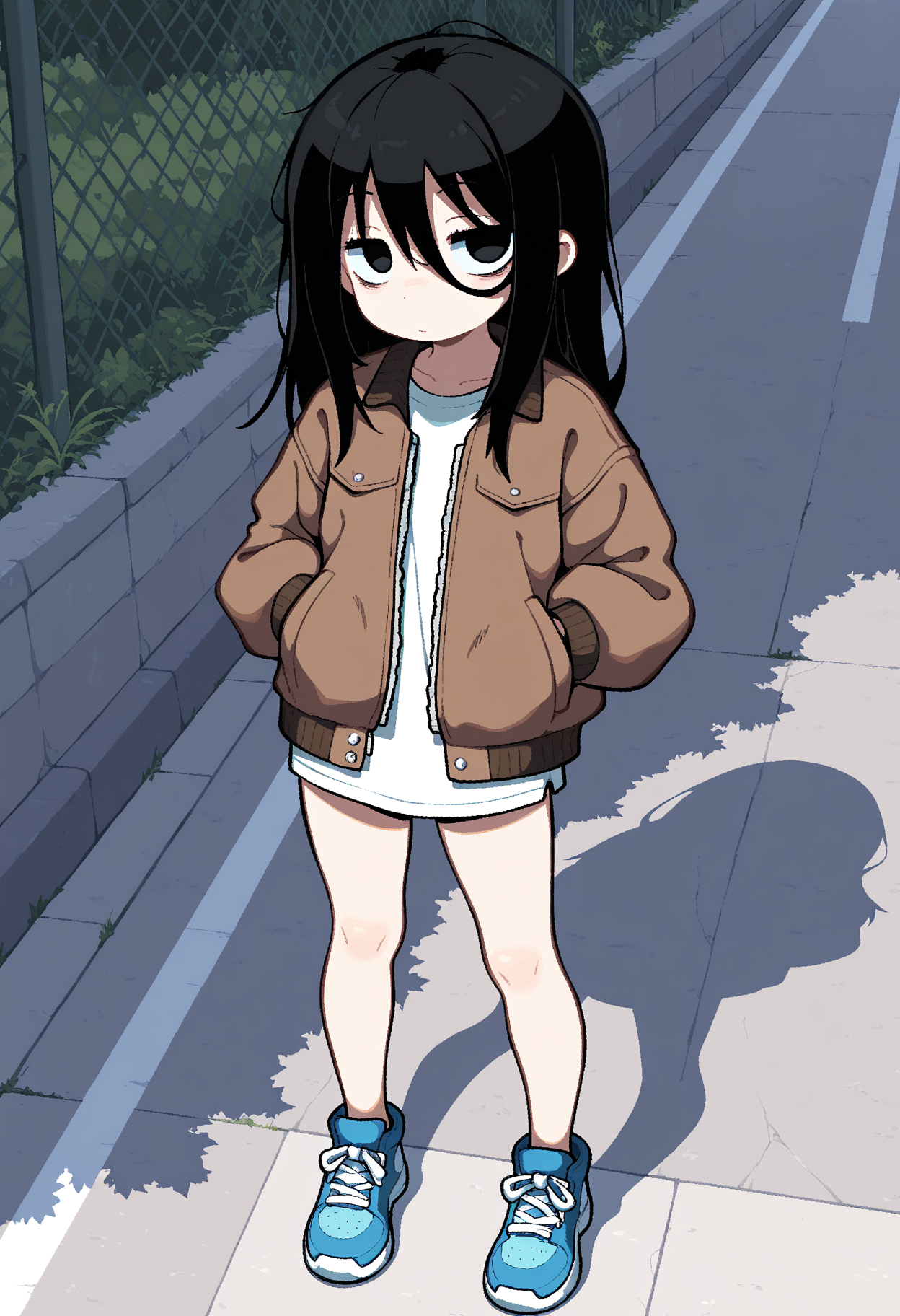 masterpiece,best quality,amazing quality,
1girl, solo, black hair, long hair, looking at viewer, jacket, blue footwear, shirt, outdoors, shoes, black eyes, standing, sneakers, hair between eyes, white shirt, shadow, hands in pockets, brown jacket,
<lora:AverageHanzo_epoch_10:1>