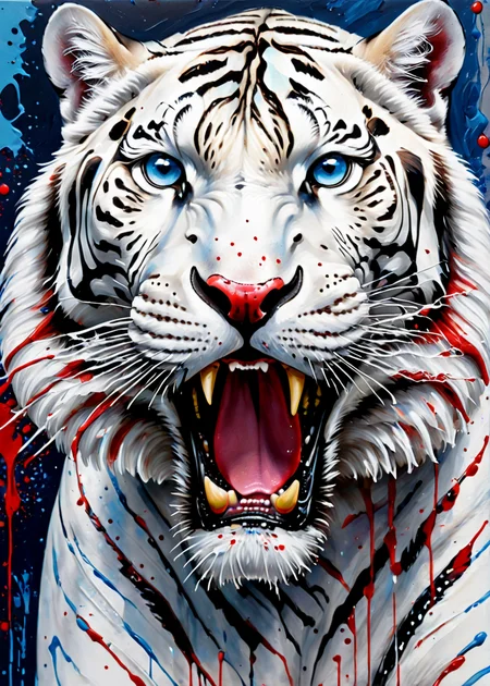 painting in red and blue, close-up of a white tiger, <lora:MS_AcrylicArt_V1_SDXL:0.8> acrylic_painting, painting, brush strokes, paint drops, paint splatter