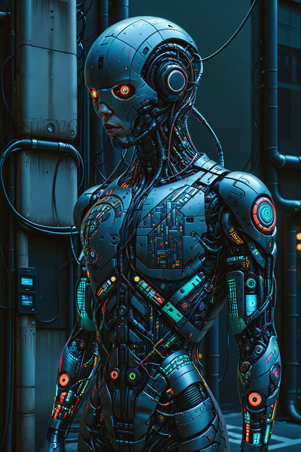 noface (mad_colorful_mosaic:1.2) cyborg, cables, tubes, upperbody, cyberpunk city, neon lights, night <lora:Colorful_Mosaic_SDXL:1.2>  <lora:Faceless_Cyborgs:0.6>, <lora:EnvyBetterHiresFixXL01:1>, masterpiece, best quality, ultra high res, (photorealistic, realistic:1.2), deep shadow, raw photo, film grain, Fujifilm XT3, 8k uhd, dslr