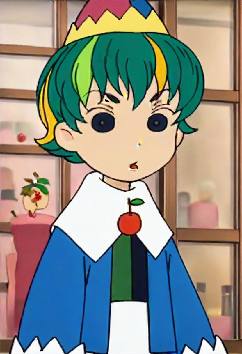 hat, green hair, multicolored hair, long sleeves, short hair, cherry, fruit, 1girl, blonde hair, black eyes,,,,,,,,,,, ,,,,,anime coloring,anime screencap, 1girl,Solo ,, anime,,,,official art, Uncensored ,Unedited ,,,,, ,,,,,,