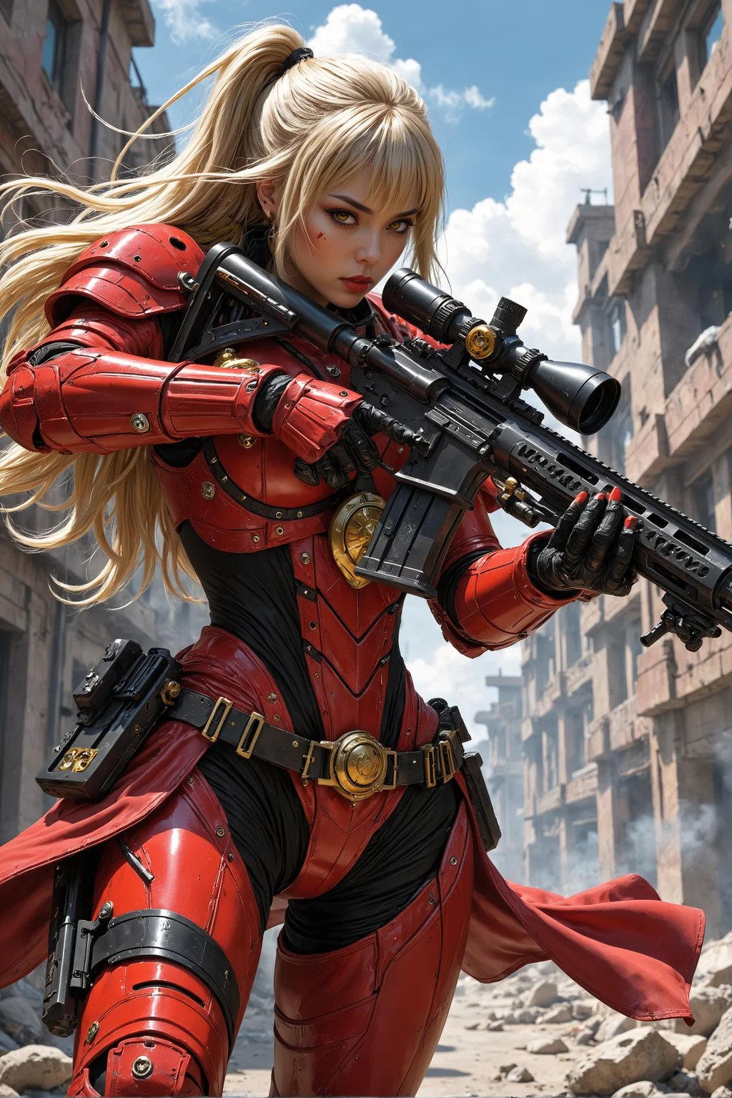 detailed renaissance oil painting, masterpiece, FredFraiStyle, an oriental female cyberpunk space Warrior in red power armor with bright yellow embellishments, long blonde flowing hair, bangs, earrings, dark eyeshadow, red lips, holding a sniper rifle, aiming, dynamic pose,in a battle on a futuristic city street, smoke hanging in the air, ruins and smoking damaged buildings, directional lighting, masterpiece, mythp0rt, perfect composition, perfect hands, cowboy shot,