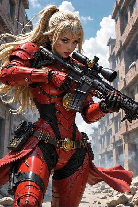 detailed renaissance oil painting, masterpiece, FredFraiStyle, an oriental female cyberpunk space Warrior in red power armor with bright yellow embellishments, long blonde flowing hair, bangs, earrings, dark eyeshadow, red lips, holding a sniper rifle, aiming, dynamic pose,in a battle on a futuristic city street, smoke hanging in the air, ruins and smoking damaged buildings, directional lighting, masterpiece, mythp0rt, perfect composition, perfect hands, cowboy shot,