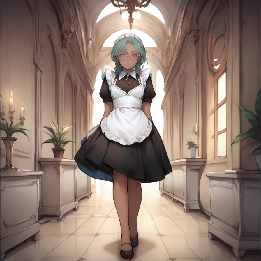 score_9, score_8_up, score_7_up, score_6_up, score_5_up, source anime, BREAK, looking at viewer, (dark skin), green hair, braided ponytail, blue eyes, (angel), ((angel wings)), petite, (((maid))), ((black maid dress)), apron, lace choker, shy, blush, smile, glasses, solo, full body, realistic background, indoors, hallway, corridor, chandelier, marble floor, tables, chairs, plants, serving tray, <lora:rikuguma:0.9> , rikuguma, <lora:s0mXLP:0.7> , s0m,