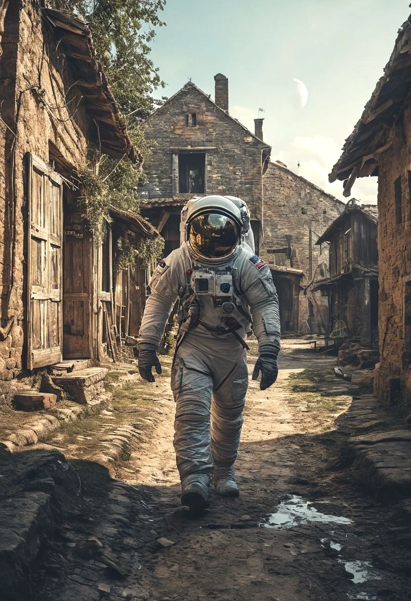 photo of astronaut walking in a old village in the background