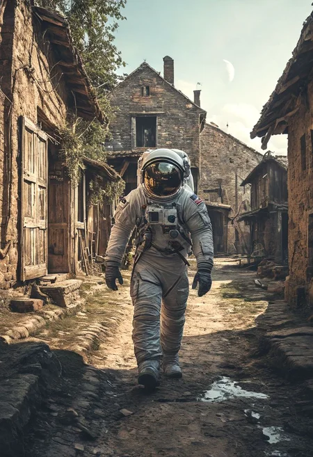 photo of astronaut walking in a old village in the background