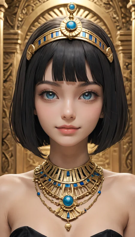 Cowboy Shot, girl, egyptian queen, adult, cute, seductive, innocent, light smile:0.3, plump lips, slender body, intricate design, black hair, bob cut, perfect make-up, intricate jewelry, golden headdress, stands in a grand palace, captured in a walls adorned with hieroglyphics and torches flickering in, depth of field, dynamic angle, fashion photography, sharp, hyperdetailed:1.15, 4n1v3rs3