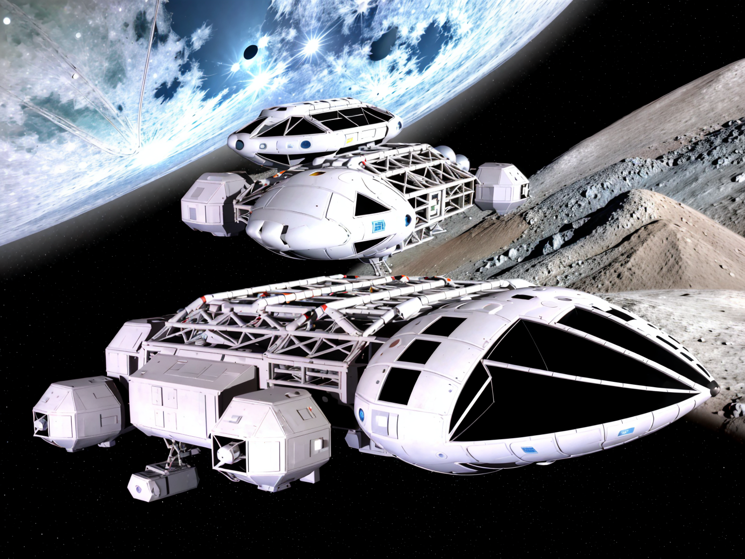 (Realistic:1.5) (masterpiece) EdobSpace1999Eagle, military, no humans, black background, machinery, spot color, science fiction, military vehicle, cable, vehicle focus, space background, no humans, moon, star (sky), lens flare, science fiction, sun, retro artstyle, space, planet, earth (planet), spacecraft, concept art, (view from rear:1.5), <lora:EdobSpace1999Eagle_v1.0:0.9>