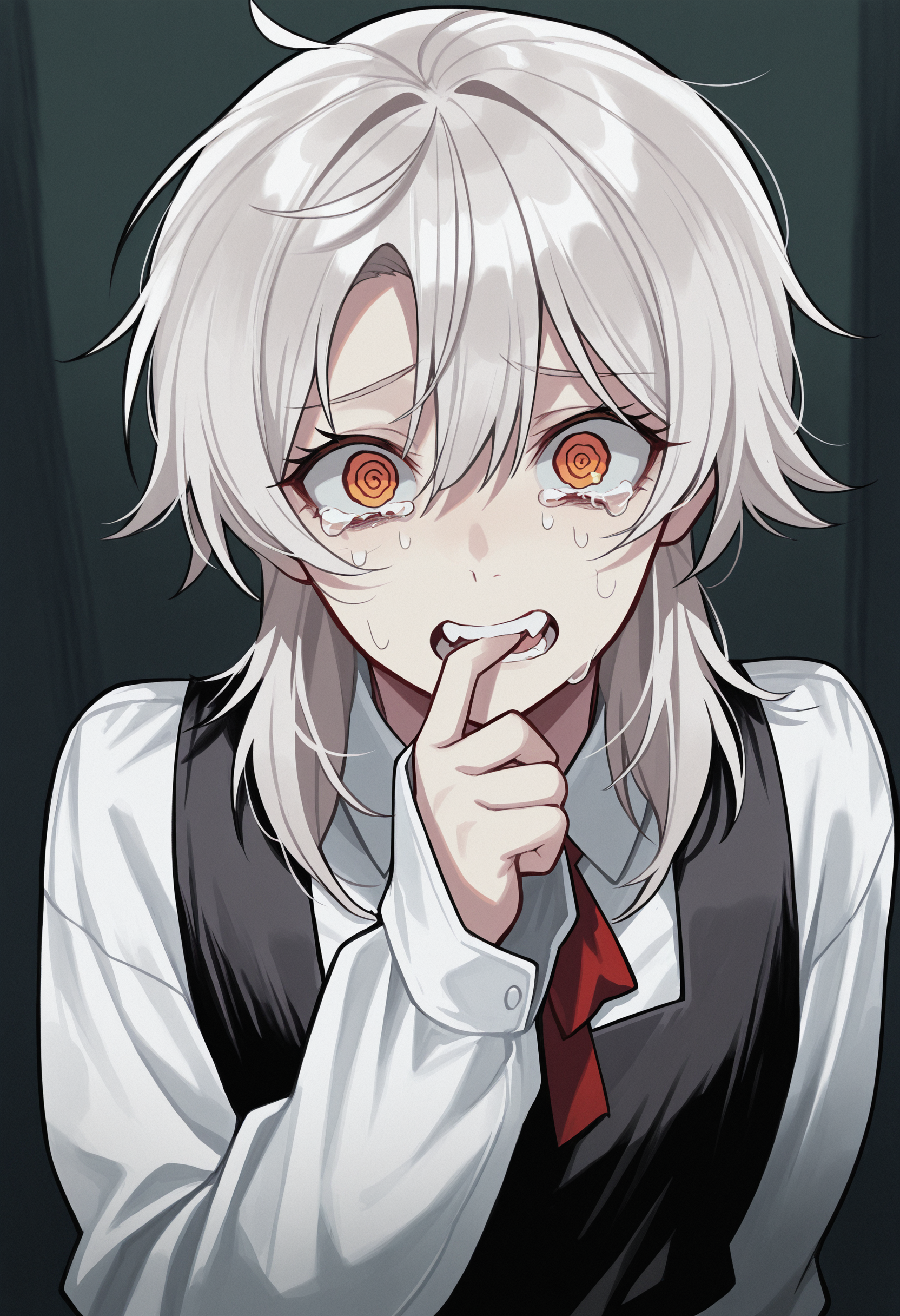 masterpiece,best quality,    biting, orange eyes, crying, @ @, hair between eyes, 1girl, pinafore dress, school uniform, white shirt, medium hair, red eyes, blood, looking at viewer, open mouth,  <lora:Death_Devil_CSM_Manga:1>