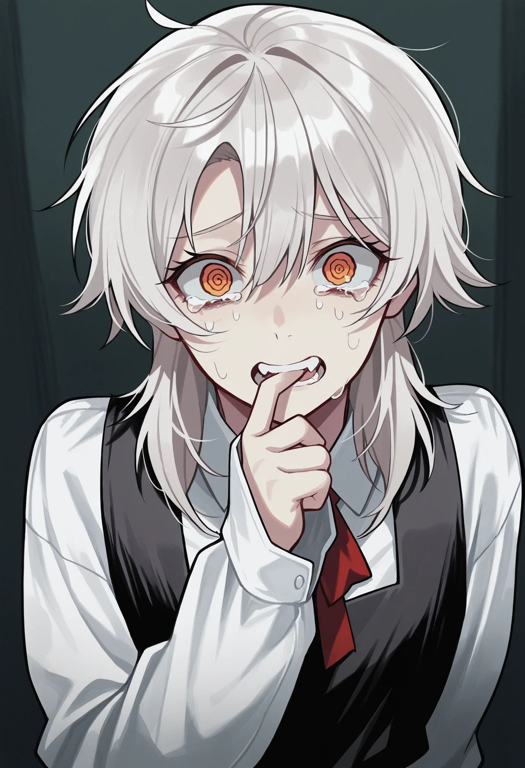 masterpiece,best quality, biting, orange eyes, crying, @ @, hair between eyes, 1girl, pinafore dress, school uniform, white shirt, medium hair, red eyes, blood, looking at viewer, open mouth, <lora:Death_Devil_CSM_Manga:1>