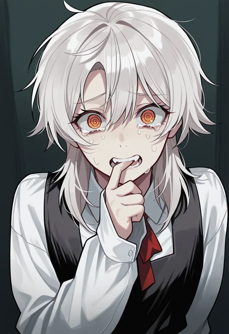 masterpiece,best quality,    biting, orange eyes, crying, @ @, hair between eyes, 1girl, pinafore dress, school uniform, white shirt, medium hair, red eyes, blood, looking at viewer, open mouth,  <lora:Death_Devil_CSM_Manga:1>