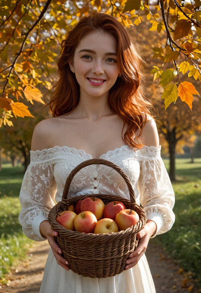 score_9, score_8_up, photorealistic, masterpiece, high quality, highly detailed, warm colors, cinematic lighting, BREAK 
1girl, stunning 18-year-old with delicate and innocent features, glowing with natural beauty, long, wavy auburn hair cascading over her shoulders, soft autumn leaves caught in her flowing strands, large, expressive eyes filled with warmth, lips curved in a light and inviting smile, her cheeks softly blushed, looking directly at the viewer with a captivating and gentle gaze, medium perky breasts subtly outlined under a fitted white blouse, the fabric slightly sheer, hinting at her natural curves, her slim waist accentuated by a flowing skirt adorned with autumn patterns, BREAK 
holding a woven basket overflowing with ripe autumn fruits—apples, pears, and vibrant oranges—her hands delicately brushing the fruit as if lost in thought, golden autumn leaves scattered around her feet, set in a serene orchard glowing with warm, golden sunlight filtering through the trees, her innocent charm amplified by the seasonal ambiance, cinematic depth enhancing the warm tones, BREAK 
eye catching, zPDXL3, Expressiveh, <lora:spo_sdxl_10ep_4k-data_lora_webui:0.6> <lora:ponyv5_noobV065S_1_adamW-000013:0.7> <lora:USNR_STYLE_XL_lokr:0.5> <lora:EtherSDXL:0.15> <lora:748cmSDXL:0.3>