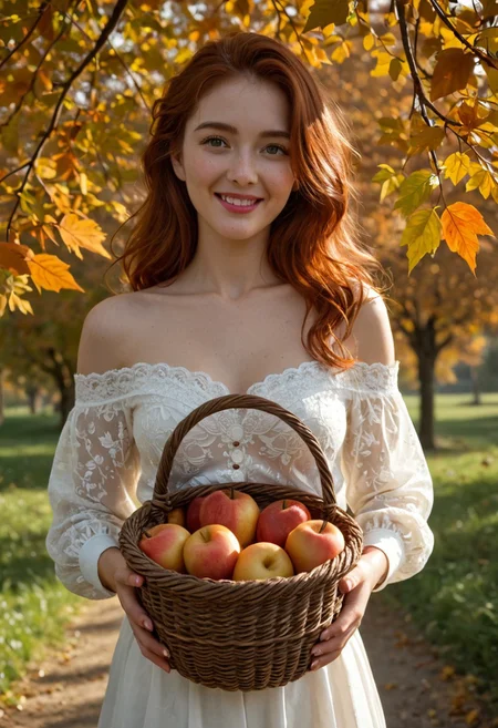 score_9, score_8_up, photorealistic, masterpiece, high quality, highly detailed, warm colors, cinematic lighting, BREAK
1girl, stunning 18-year-old with delicate and innocent features, glowing with natural beauty, long, wavy auburn hair cascading over her shoulders, soft autumn leaves caught in her flowing strands, large, expressive eyes filled with warmth, lips curved in a light and inviting smile, her cheeks softly blushed, looking directly at the viewer with a captivating and gentle gaze, medium perky breasts subtly outlined under a fitted white blouse, the fabric slightly sheer, hinting at her natural curves, her slim waist accentuated by a flowing skirt adorned with autumn patterns, BREAK
holding a woven basket overflowing with ripe autumn fruits—apples, pears, and vibrant oranges—her hands delicately brushing the fruit as if lost in thought, golden autumn leaves scattered around her feet, set in a serene orchard glowing with warm, golden sunlight filtering through the trees, her innocent charm amplified by the seasonal ambiance, cinematic depth enhancing the warm tones, BREAK
eye catching, zPDXL3, Expressiveh, <lora:spo_sdxl_10ep_4k-data_lora_webui:0.6> <lora:ponyv5_noobV065S_1_adamW-000013:0.7> <lora:USNR_STYLE_XL_lokr:0.5> <lora:EtherSDXL:0.15> <lora:748cmSDXL:0.3>