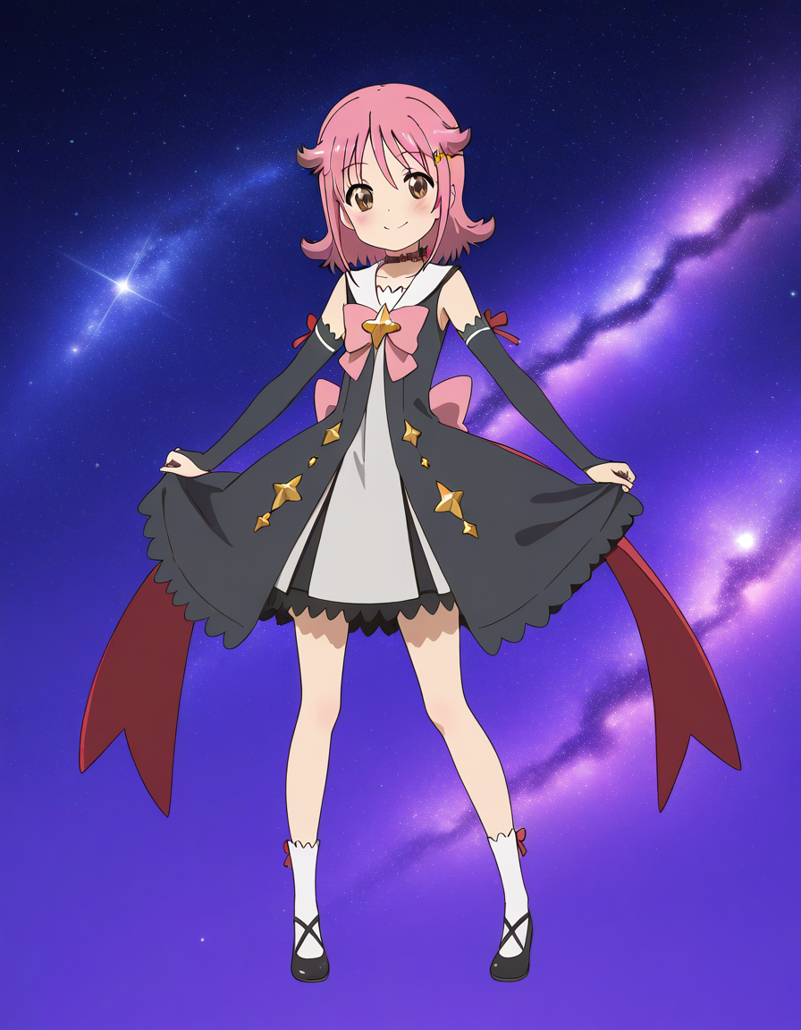 general,highres, ultra-detailed,very aesthetic,best quality ,best hands,  BREAK <lora:Subaru_Houkago_no_Pleiades_IS:1>subaru(Pleiades), 1girl, solo, pink hair, short hair, brown eyes, star hair ornament, anime coloring,
solo, full body, smile, looking at viewer, bow, blush, red ribbon, black dress,
flipped hair,  standing, bridal gauntlets, choker, gloves,  simple background, 
galaxy,