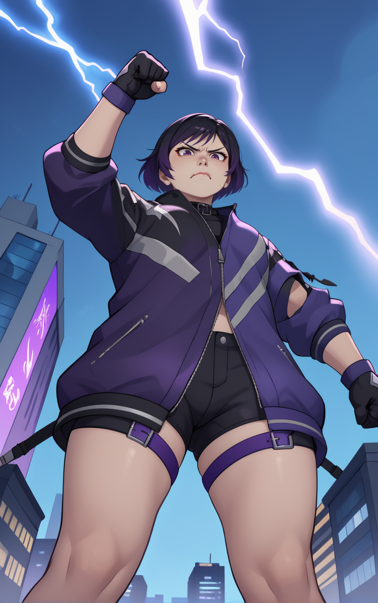 Reina,black purple jacket,black gloves,
shorts,clenched hand,raised fist, lightning from fists,  
from below,
night,city square,<lora:ReinaM:0.8>,
