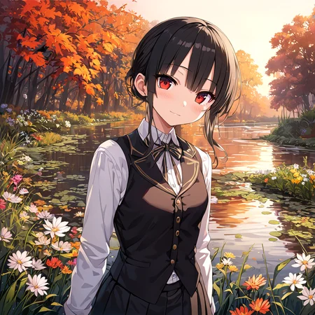 absurdres, brightly colored, masterpiece, oil painting \(medium\), (hachiroku:1.2),  (colorful flowers:1.2), garden, river,  waterweed, autumn, dusk, Slender flowers ,  detailed face, vest, skirt,upper body, standing, looking at viewer, <lora:8620_XL_test:1>