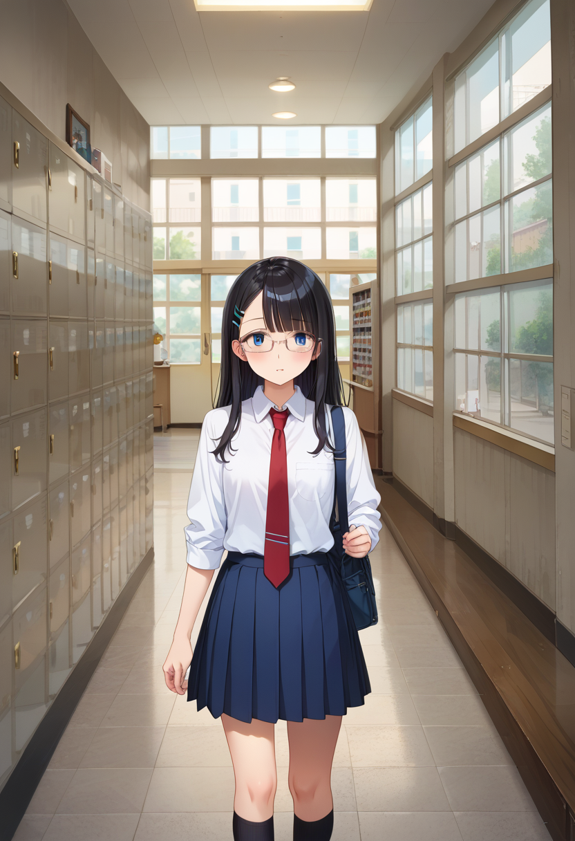 score_9, score_8_up, score_7_up, rating_safe, masterpiece, best quality, absurdres, unity 8k wallpaper, official art, official style, source_anime, uncensored, game cg, megami magazine,
1girl, solo, glasses, black hair, long hair, blue eyes, collared shirt, red necktie, pleated skirt, blue skirt, looking at viewer, blush, 
getabako, scenery, window, calendar (object), indoors, school, door, hallway
 <lora:gakkou_getabako_PONY_V1:1>