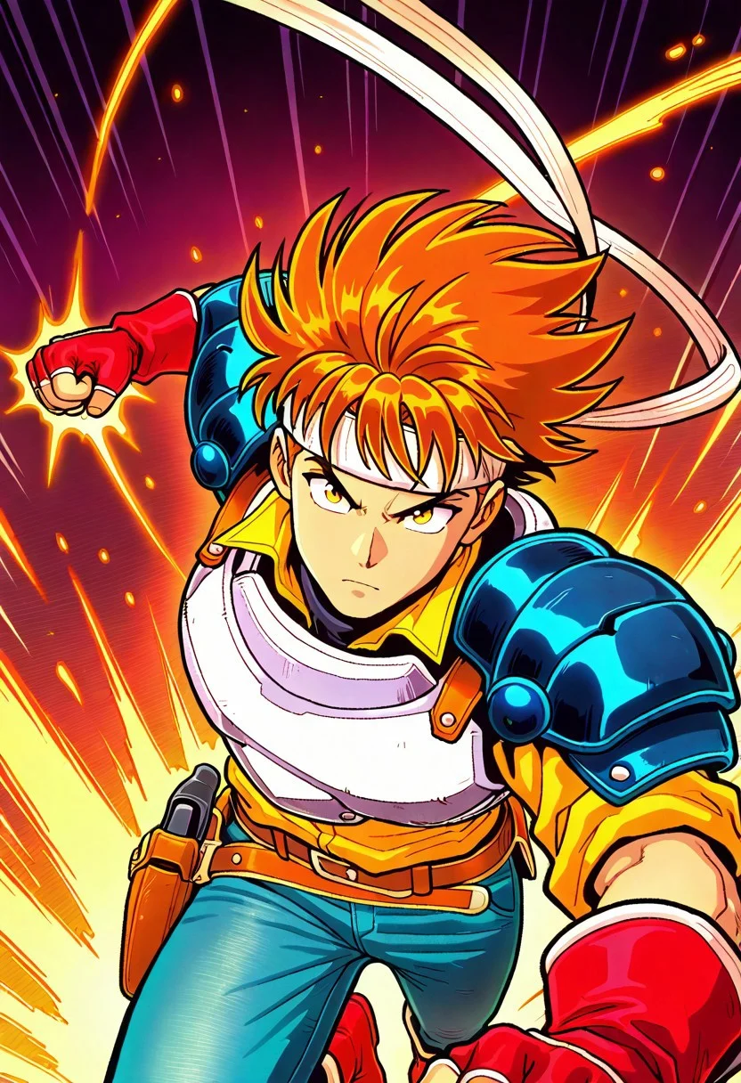 masterpiece, best quality, amazing quality, very aesthetic, absurdres, newest, 1boy, arthuffl3, brown-orange hair, long white headband, blue shoulder pads, white breastplate, yellow shirt, blue jeans, belt with holster, red fingerless gloves, red boots, ((action pose)), close up, looking at viewer