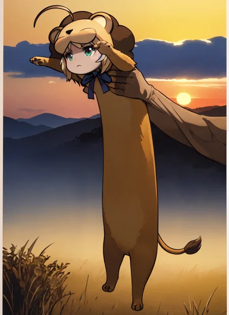 <lora:LongcatMemeSolo:1>, incrslcmsolo, full body, sunset, sky, african savannah, cliff, 1girl, chibi, saberlio, ahoge, animal costume, lion, blue bow, tail <lora:saberlio_V2-10:0.8>