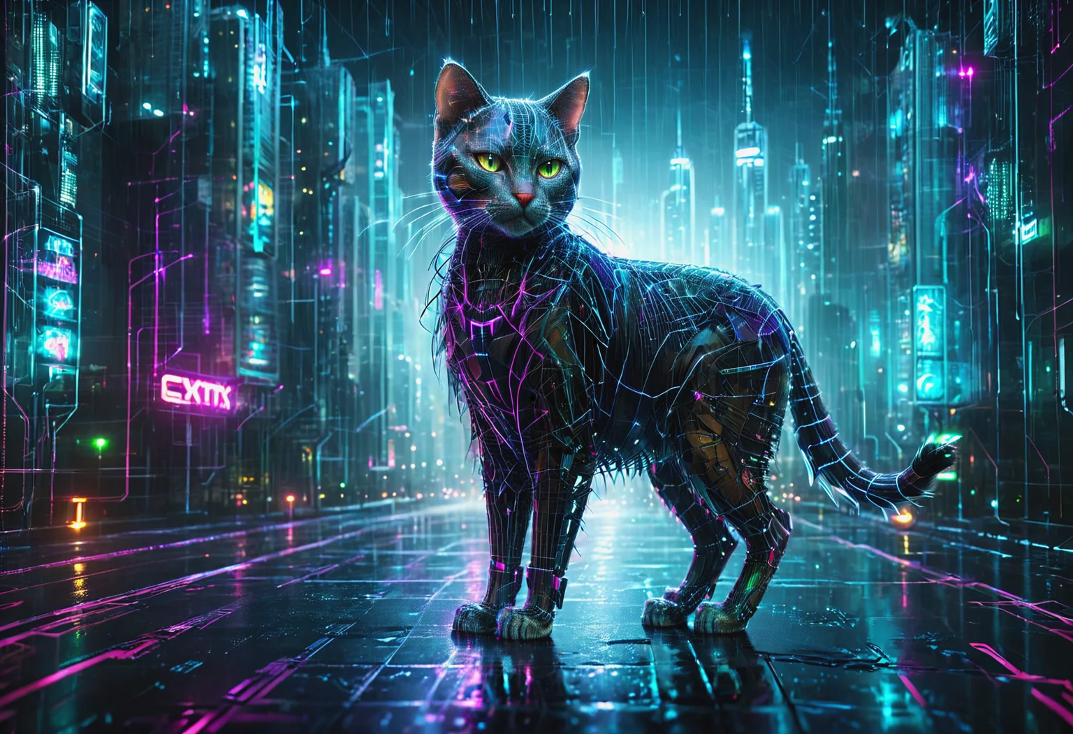 a noc-wfhlgr cat, walking in front of raining dark gloomy cyberpunk neon epic city, rtx, cybernetics, human-machine fusion, dystopian, organic meets artificial, dark, intricate <lora:noc-wfhlgr2:1>