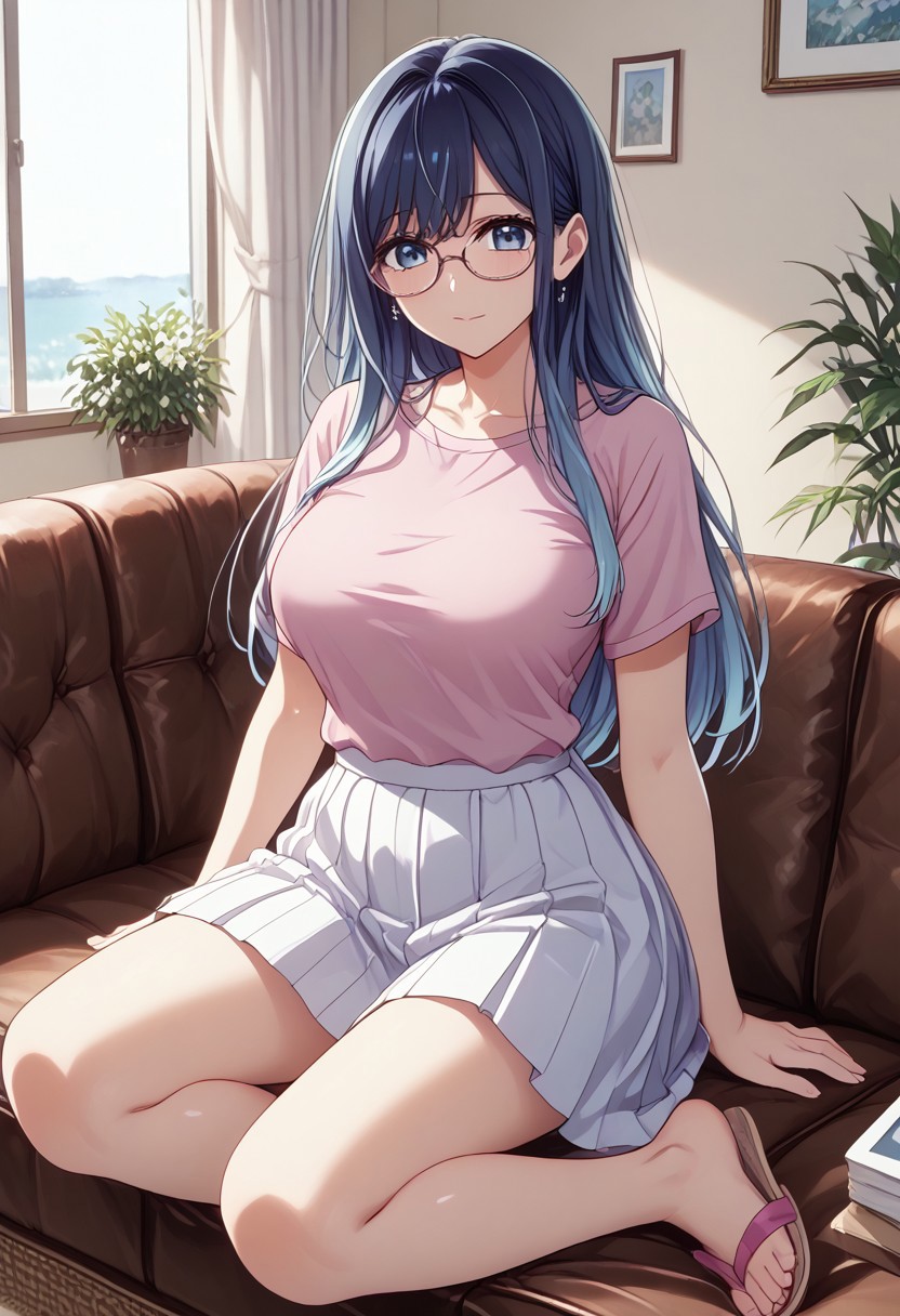 safe_pos, score_9, score_8_up, score_7_up, (masterpiece, detailed:1.2), (best quality:1.2), (High Resolution), (More Details), (8K), (High Resolution), female focus, sharp focus, newest, ultra-detailed, 1girl, solo, mature woman, milf, akane kurokawa, long hair, bangs, large breasts, blue eyes, high gradient eyes, black hair, blue hair, multicolored hair, gradient hair, Glasses, Megane, face, shirt, pink t-shirt, pleated skirt, white skirt, flip-flops, full body, various expressions, sitting on the sofa, living room, 