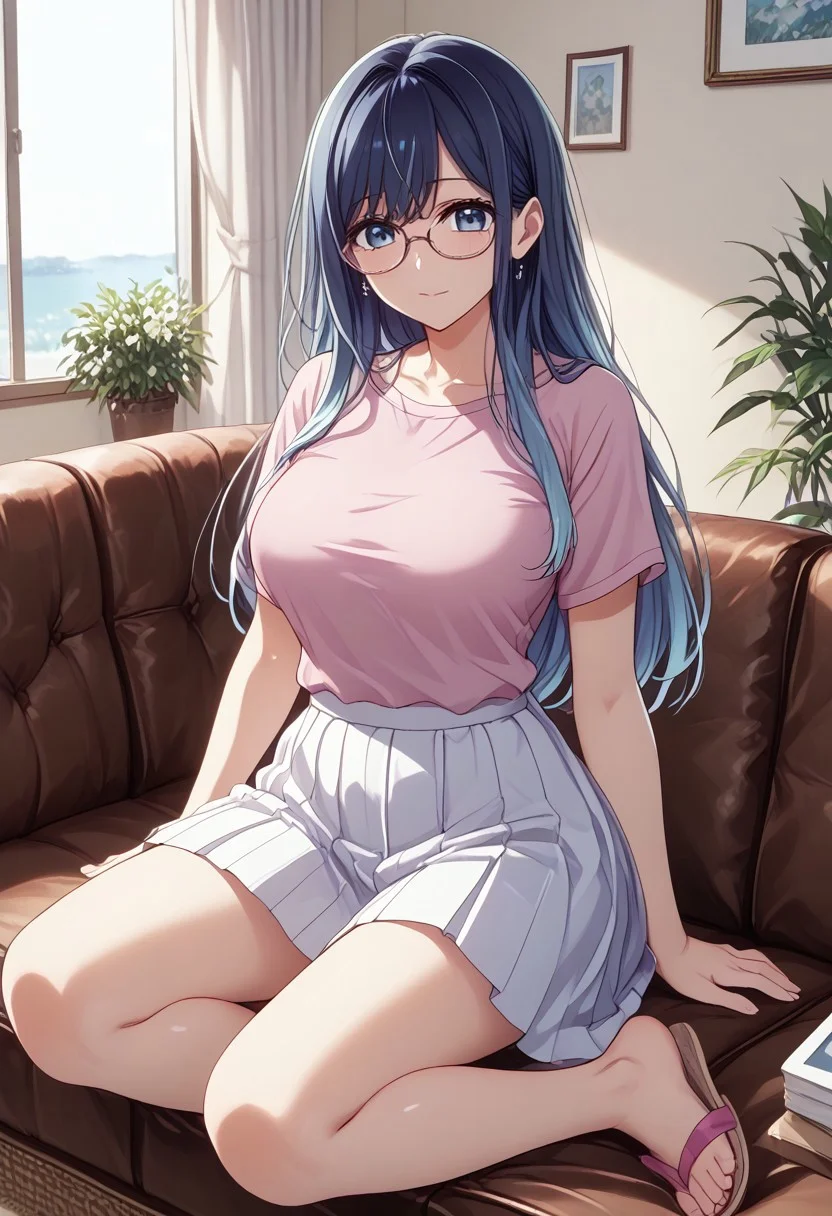safe_pos, score_9, score_8_up, score_7_up, (masterpiece, detailed:1.2), (best quality:1.2), (High Resolution), (More Details), (8K), (High Resolution), female focus, sharp focus, newest, ultra-detailed, 1girl, solo, mature woman, milf, akane kurokawa, long hair, bangs, large breasts, blue eyes, high gradient eyes, black hair, blue hair, multicolored hair, gradient hair, Glasses, Megane, face, shirt, pink t-shirt, pleated skirt, white skirt, flip-flops, full body, various expressions, sitting on the sofa, living room,