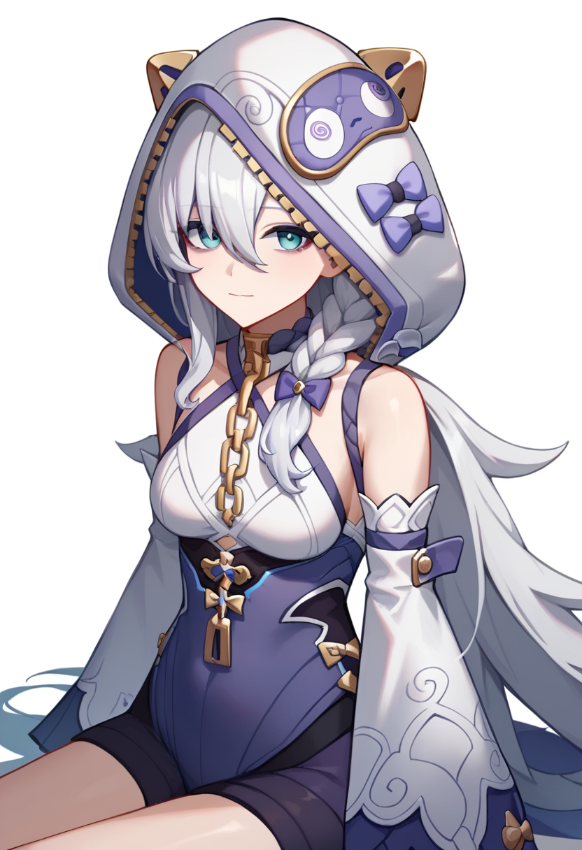 score_9,score_8_up,score_7_up,<lora:theresa_apocalypse_boss:1>,theresa_apocalypse, breasts, solo, long_sleeves, bow, detached_sleeves, cosplay, bare_shoulders, looking_at_viewer, 1girl, sitting, simple_background, animal_hood, white_background, hood_up, white_sleeves