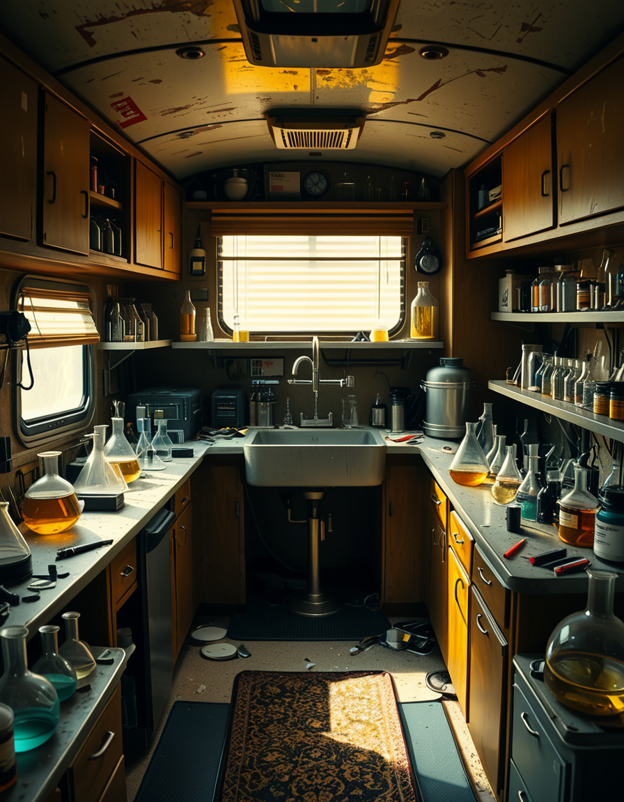 The interior of an old RV converted into a clandestine drug laboratory, inspired by the TV series Breaking Bad. The space is cramped and messy, filled with scientific equipment, glass beakers, flasks, burners, chemical containers, and lab tools scattered around. The walls are aged and stained, with peeling wallpaper and old metallic cabinets. A small sink area is cluttered with dirty lab glassware. The lighting is dim and tinted yellow, with sunlight barely filtering through dusty blinds. The floor is grimy, with a mix of rubber mats and worn carpet. The overall atmosphere is tense and gritty, capturing a sense of secrecy and danger. Hyper-realistic style, cinematic composition, rich in textures and shadows.
<lora:SDXLFaeTastic2400:0.4> <lora:extremely_detailed:0.4> extremely detailed,<lora:old_RV_drug_l4b0r4t0ry:1>,old RV drug l4b0r4t0ry, Masterpiece,best quality,hi res,8k,hi res,8k,award winning,(sharp focus, intricate, highly detailed),
