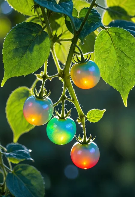 a delicate cluster of (cherry-tomatoe) (hanging from stem) (made of opal: 1.59), (divine iridescent glowing: 1.39), (opalescent textures: 1.39), growing in the early morning light, (wet: 0.49). in the background beautiful valleys, , volumetric light, ethereal, sparkling, studio photo, highly detailed, sharp focus (nightshade-leaves: 1.59)
