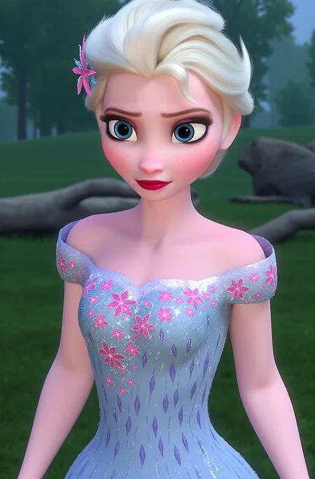 masterpiece,4k studio photo quality, inematic lighting,clear photo,upper body,portrait,outdoor,blushing,ultra detail skin,elsa \(frozen\), elsa's erotic pose, open eyes,shy, Elsa's Floral Dress,view from font, <lora:Elsa-Flux:1>ï¼