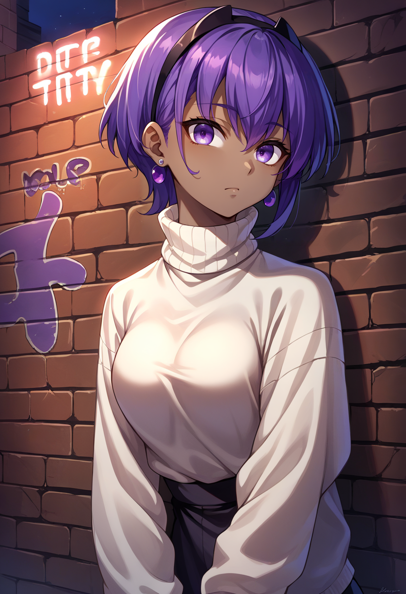score_9, score_8_up, source_anime, HassanOfSerenity, dark-skinned female, purple hair, purple eyes, short hair, black hairband, earrings, sharp eyes, choker, neon shirt, open jacket, turtleneck sweater, night, against wall, brick wall, graffiti, dim lighting, alley, looking at viewer, <lora:ChamHassanOfSerenityPonyXL:1>