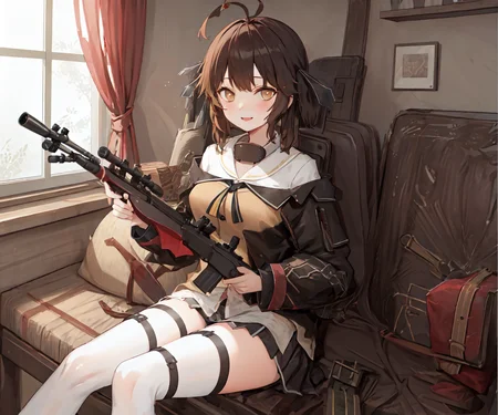 masterpiece, best quality, <lora:mtf-000004:1>, M14, holding rifle, sitting, aiming at viewer,