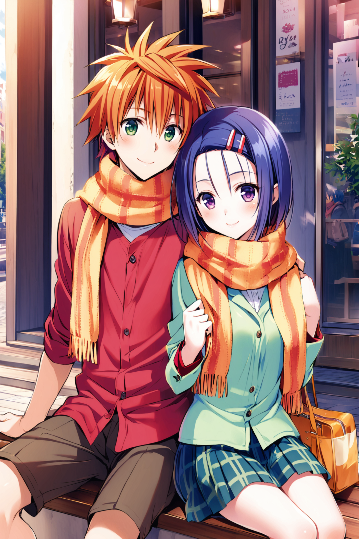 1girl,haruna sairenji,bow,skirt,hair ornament,purple eyes,blue hair,scarf,shared scarf,1boy,yuuki rito,shirt,orange hair,green eyes,shared clothes,couple,hetero,heart,smile,bag,short hair,sitting,holding hands,outdoors,<lora:Yabuki Kentarou_XL_V2:0.8>,