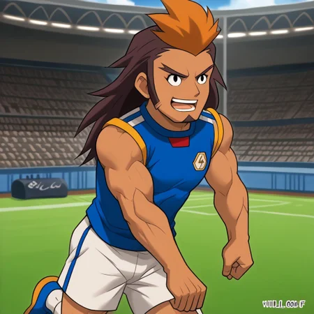 Score_9, cartoon source, toon source, high Quality, wolfconf, 1boy, solo, HIJIKATA RAIDEN, Brown hair, black eyes, young, muscle body, two-tone hair, dark skin, soccer uniform (white shorts, blue sleeveless shirt), muscle arms, goatee, soccer camp,