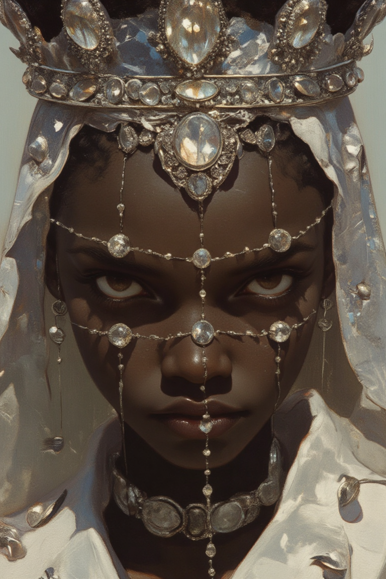 A highly stylized hyper-realistic portrait of a dark-skinned woman, her expression stoic and devoid of emotion, as she gazes directly into the viewer’s eyes. She wears a symmetrical chrome silver crown, its sparkling diamonds arranged in a flawless, geometric fashion that crowns her head with regal elegance. The crown catches the light, casting dazzling reflections that highlight the sharp angles of her face. A diamond-encrusted necklace adorns her neck, complementing the crown with its intricate design, each diamond sparkling brightly against her skin. A fine face ornament, known as the “diamond cascade,” stretches across her face in delicate silver chains, each studded with small, radiant diamonds. The chains follow the curve of her face, crossing her forehead and cheeks in a symmetrical fashion, creating a striking contrast with her dark skin. The soft light reflects off the diamonds, creating a luminous, surreal effect around her, emphasizing the ethereal beauty of the face ornament and her unyielding, emotionless gaze.