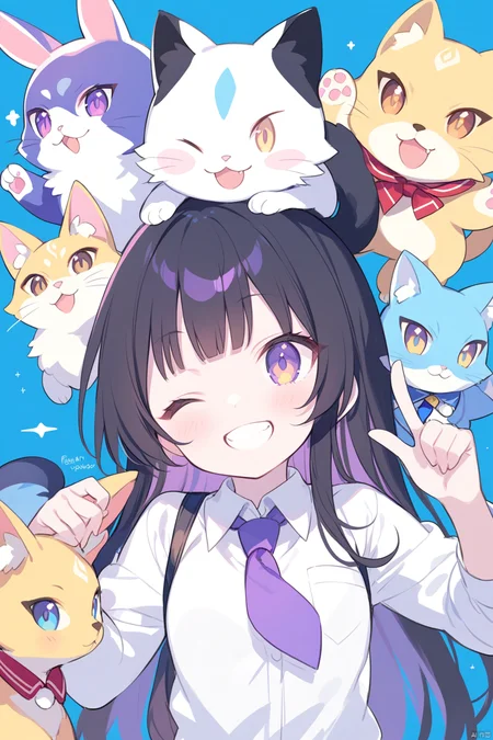 1girl, Best quality, genshin,Touhou Project,Honkai StarRail, mamimi(mamamimi),blade (galaxist),((fuzichoco,butterchalk,yoshinari you,mika pikazo)), school uniform, blunt bangs, holding pokemon, open mouth, one-hour drawing challenge, on head, blue background, looking at viewer, straight-on, one eye closed, white shirt, pokemon (creature), index finger raised, collared shirt, smile, animal, shirt, brown eyes, wing collar, blunt ends, teeth, long sleeves, hime cut, black hair, long hair, necktie, purple eyes, tongue, portrait, purple necktie, ;3, blue necktie, crossover, animal on head, grin, holding, cat,

masterpiece, newest, absurdres, safe