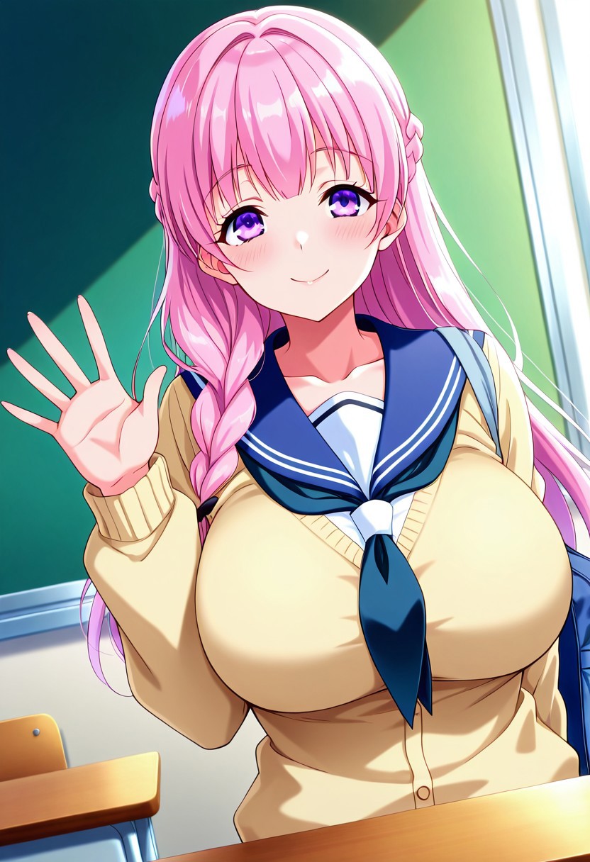 general,highres, ultra-detailed,very aesthetic,best quality ,best hands,best eyes,easynegative,
dynamic anglre, dutch angle, anime cloring,
1girl solo,looking at viewer,school,indoors,smile,waving hand,
Yuki himeno,pink_hair, braid, purple eyes,huge_breasts,long hair,school uniform,