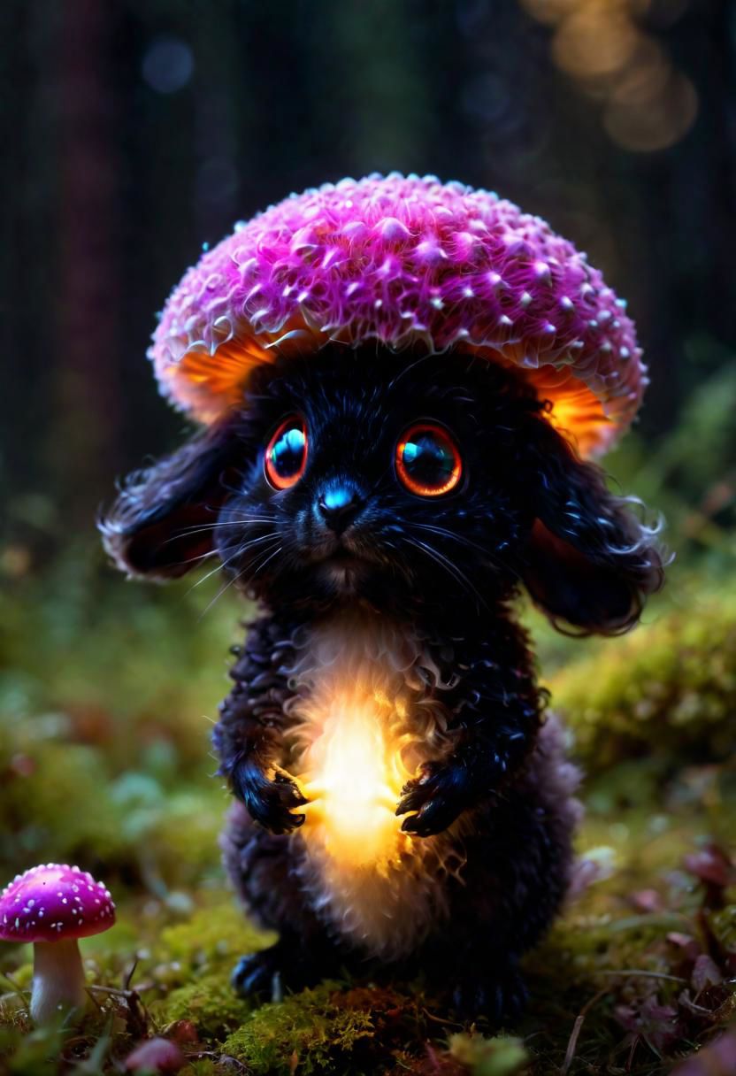 Mix the glowing-mushrooms, bunny and curly fur to create adorable black magical creature with big glowing eyes, masterpiece, Surrealism, close-up, macro photo, f/1.2, backlighting, Albert Edelfelt, multicolored hair