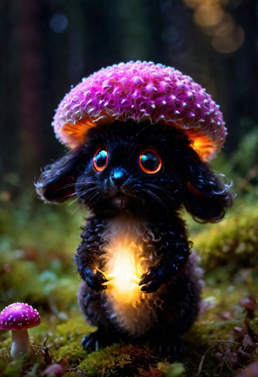 Mix the glowing-mushrooms, bunny and curly fur to create adorable black magical creature with big glowing eyes, masterpiece, Surrealism, close-up, macro photo, f/1.2, backlighting, Albert Edelfelt, multicolored hair