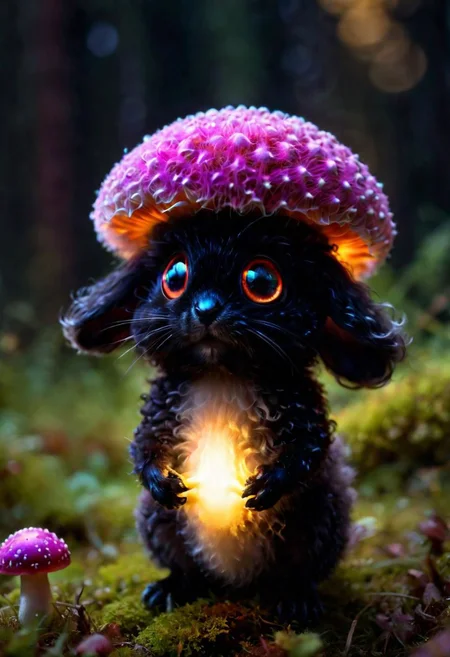 Mix the glowing-mushrooms, bunny and curly fur to create adorable black magical creature with big glowing eyes, masterpiece, Surrealism, close-up, macro photo, f/1.2, backlighting, Albert Edelfelt, multicolored hair