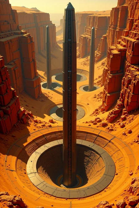 <lora:Legacy_of_the_forerunners_r1:0.7>
Jagged towers of staggering verticality erupt from a rust-colored canyon, their matte-bronze facades streaked with reflective seams that spiral upward like data conduits etched into planetary-scale stone. Nestled at the base of the formation, a vast circular apertureâlined with nested rings of copper-toned alloyâsits flush with the canyon floor, its inner core humming with dormant glyphs that pulse dimly beneath the sand-blown surface. The towers rise so high they vanish into aerial dust haze, their tops crowned with radial vanes suggesting energy capture or planetary interfacing. Architectural style fuses arcane monolithism with orbital functionality, rendered in golden-ochre palette under atmospheric god rays and shadowed crevices. Camera: low aerial strafe, emphasizing elevation, radial symmetry, and subterranean presence implied below the canyon.