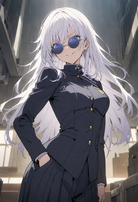 score_9, score_8_up, score_7_up, score_6_up, masterpiece, best quality, absurdres, cinematic, perfect composition, solo, 1girl, medium breast, gojou satoru, blue eyes, white hair, long hair, round sunglasses, jacket, black jacket, gakuran, school uniform, high collar, smirk, standing, looking at viewer,