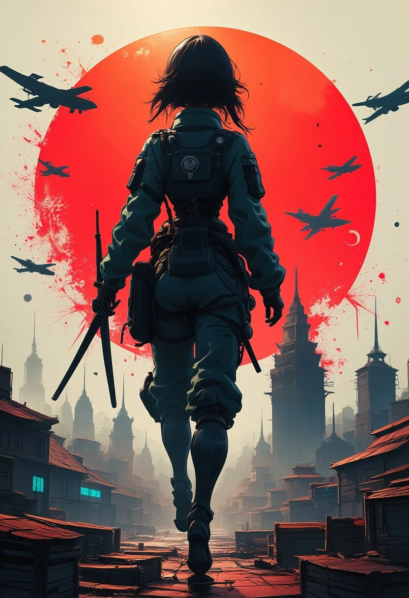 TanyaDegurechaff, cyberpunk, anime, Cyber Punk cyborg Samurai woman standing wide stride with warplane and city behind, highly detailed Mayhem style splattered Silhouette, background bizarre techno ghetto transmission, style minimalist, conceptual art posing Japanese, conceptual, 3d render, illustration, cinematic, photo
epic action, cinematic, award winning artwork, many details, patterned illumination, bad VHS tape image artifacts