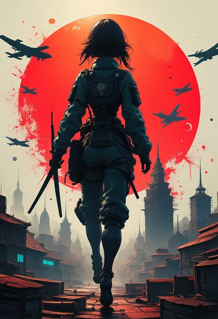 TanyaDegurechaff, cyberpunk, anime, Cyber Punk cyborg Samurai woman standing wide stride with warplane and city behind, highly detailed Mayhem style splattered Silhouette, background bizarre techno ghetto transmission, style minimalist, conceptual art posing Japanese, conceptual, 3d render, illustration, cinematic, photo
epic action, cinematic, award winning artwork, many details, patterned illumination, bad VHS tape image artifacts