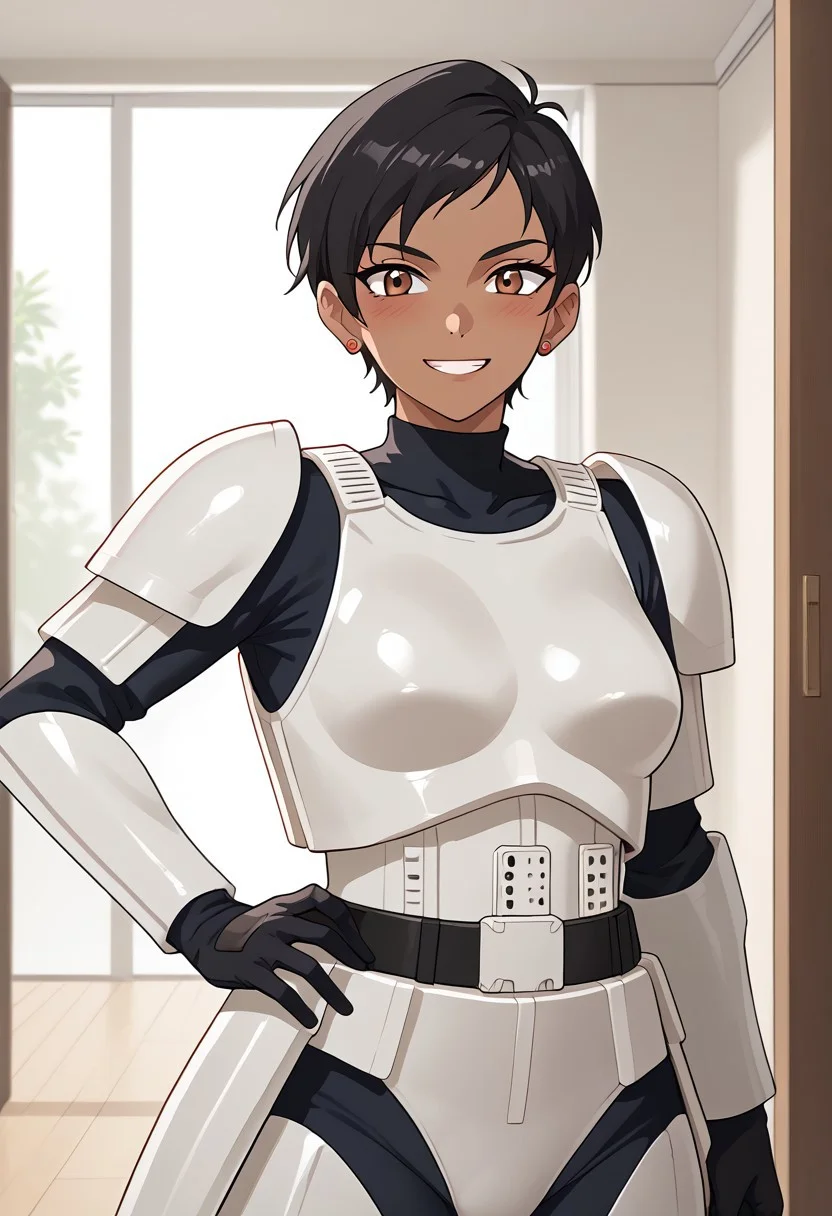 score_9,score_8_up,score_7_up, BREAK ,LoisSDXL,1girl, solo, short hair,black hair,brown eyes,jewelry,earrings,dark skin,dark-skinned female, BREAK,stormtrooper, armor, white armor, bodysuit under clothes, black gloves, belt, covered collarbone, covered neck, BREAK,cowboy shot, hand on hips, standing, looking at viewer, blush, smile, BREAK, indoors, room, closet, Expressiveh