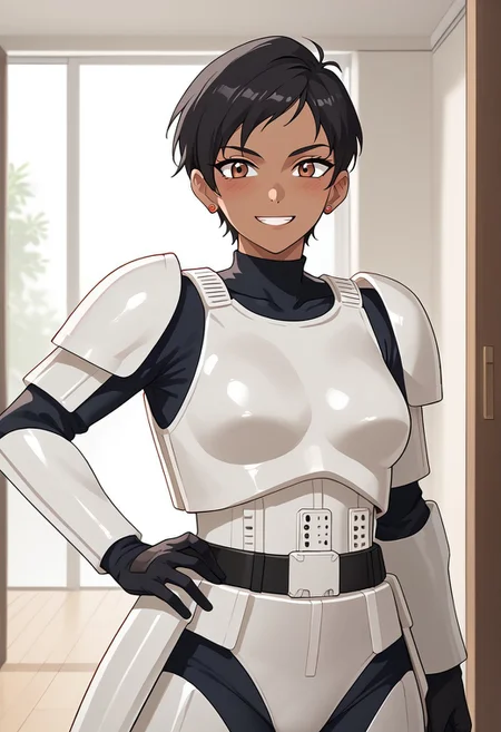 score_9,score_8_up,score_7_up, BREAK ,LoisSDXL,1girl, solo, short hair,black hair,brown eyes,jewelry,earrings,dark skin,dark-skinned female, BREAK,stormtrooper, armor, white armor, bodysuit under clothes, black gloves, belt, covered collarbone, covered neck, BREAK,cowboy shot, hand on hips, standing, looking at viewer, blush, smile, BREAK, indoors, room, closet, Expressiveh