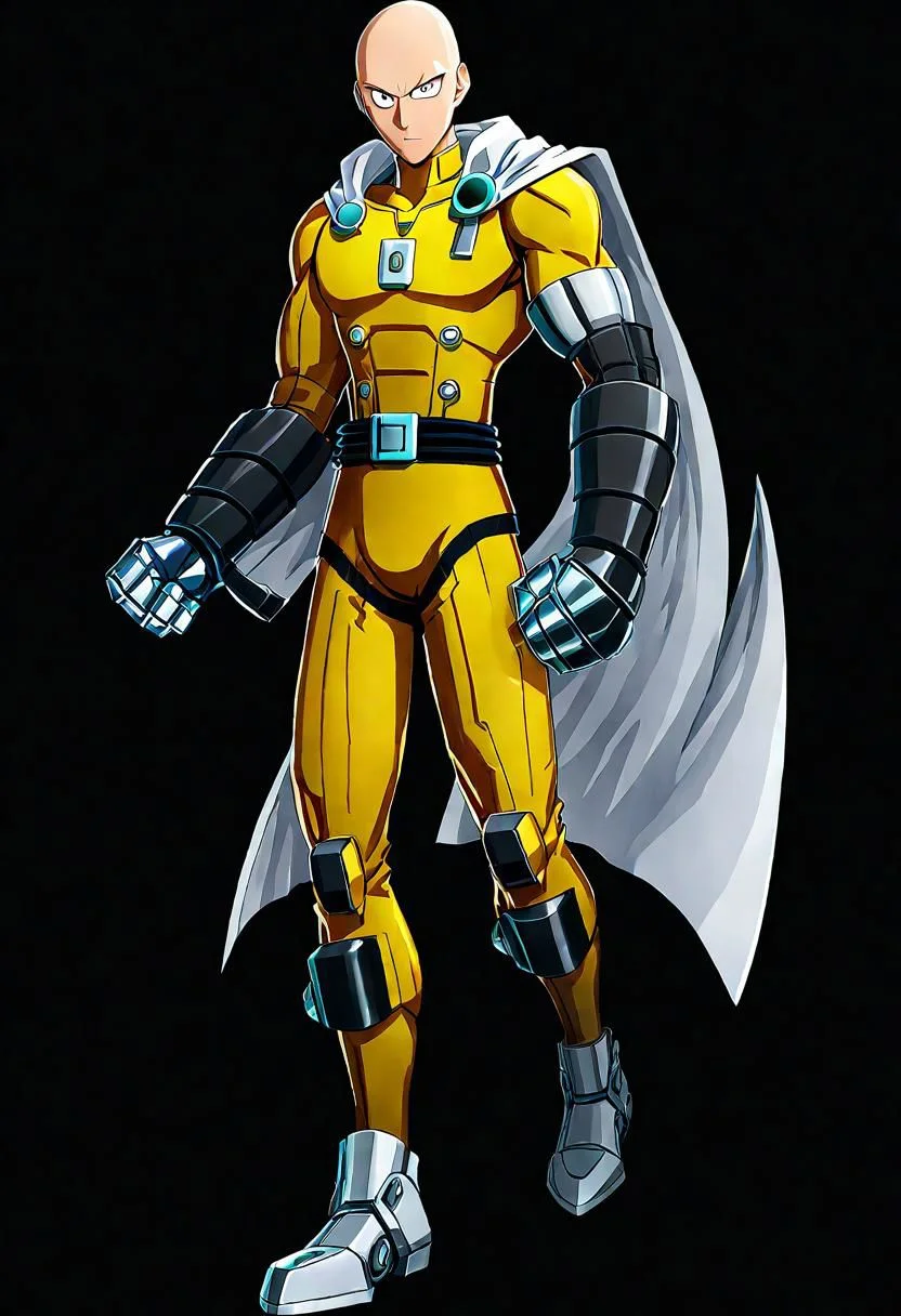 ncrender of saitama from one punch man as a cyborg hero of justice who can defeat any enemy in a single punch,simple background,black background