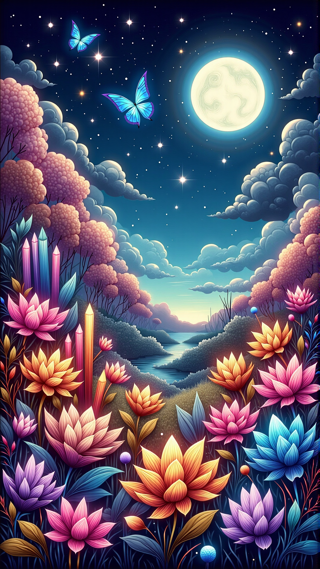 colorful, magical garden with crystal flowers, shimmering, twilight, stars, glowing, full moon, night sky, surreal, whimsical, mythical, misty, deep focus, soft light, wings, butterfly, galaxy, nebulae, cosmic, sparkling, iridescent, enchanting, captivating, illustrative, intricate, evocative, inspiring, imaginative, high definition<lora:NoctichromeFlux:1>
