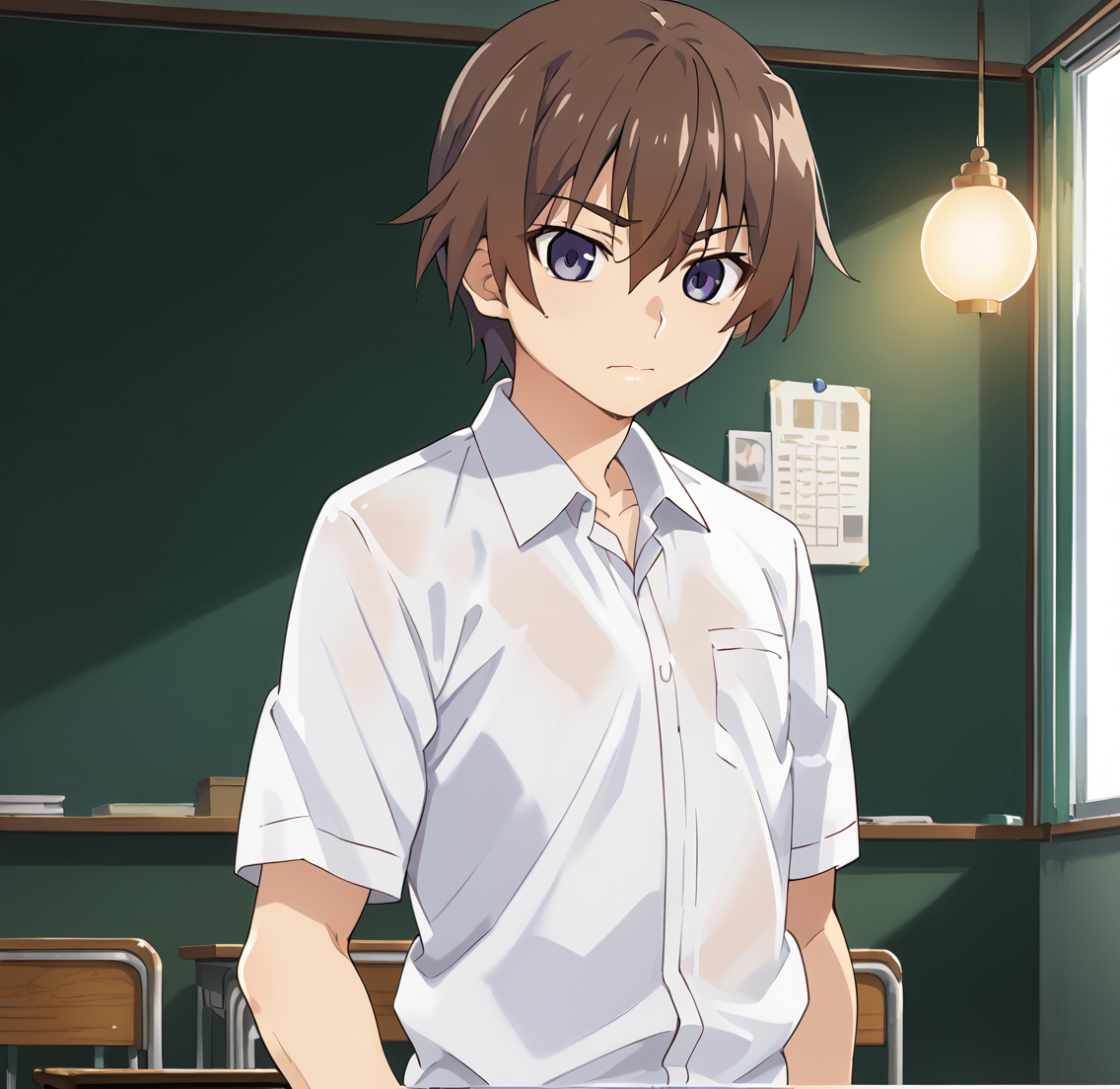 <lora:watanabe_akio:1>
score_9, score_8_up, score_7_up,score_6_up,
watanabe akio, poyoyon rock, watanabeakio, 1boy, male focus,  maebara keiichi, brown hair, anime coloring, solo, blue eyes, shirt, school uniform, parody, white shirt, collared shirt, short sleeves, upper body, indoors, official style, hair between eyes, bangs, wing collar, style parody, short hair, purple eyes, dress shirt, meme, dutch angle,closed mouth