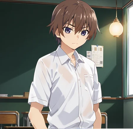 <lora:watanabe_akio:1>
score_9, score_8_up, score_7_up,score_6_up,
watanabe akio, poyoyon rock, watanabeakio, 1boy, male focus,  maebara keiichi, brown hair, anime coloring, solo, blue eyes, shirt, school uniform, parody, white shirt, collared shirt, short sleeves, upper body, indoors, official style, hair between eyes, bangs, wing collar, style parody, short hair, purple eyes, dress shirt, meme, dutch angle,closed mouth