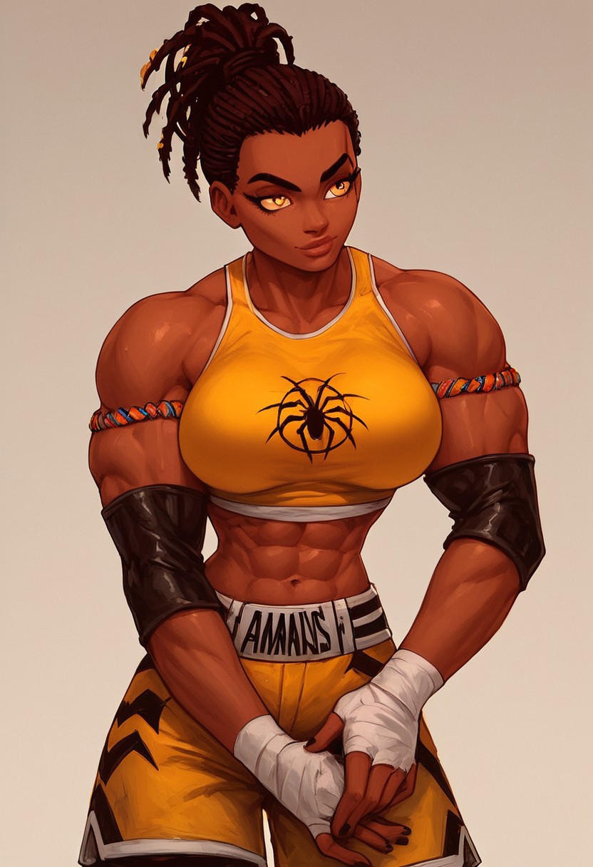 score_9, score_8_up, score_8, score_9_up, DonMC0m1cM4g1cXL, 1girl, solo, Nora Césaire, dark-skinned, amber eye, dreadlocks, braids, ponytail, tank top, shorts, lagging, knee-length black boots, mma gears, hyper muscular, slim waist, wide hips, large breasts, pose, strong